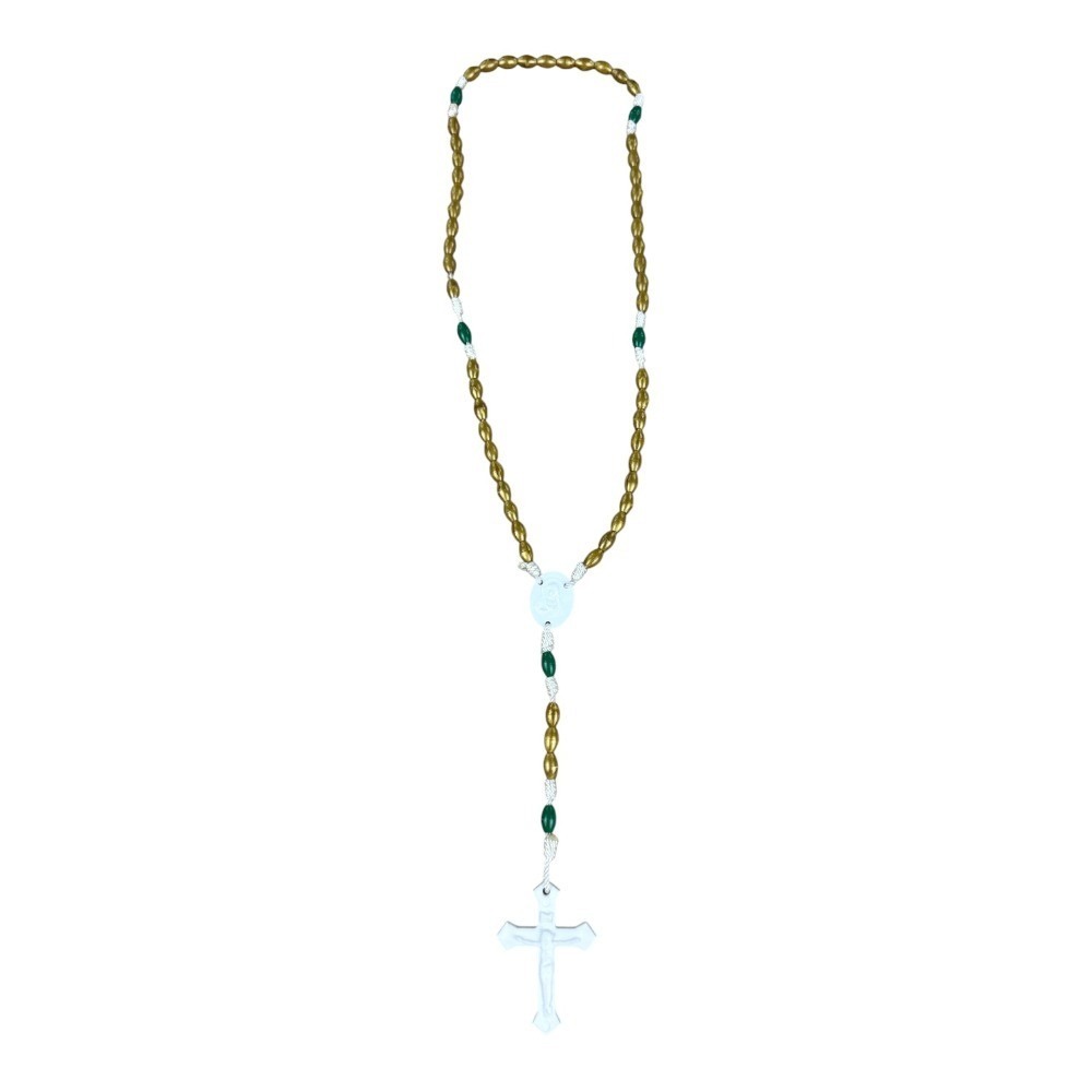 Unisex Catholic Rosary Necklace Gold Green White Plastic Beads Crucifix Pendant